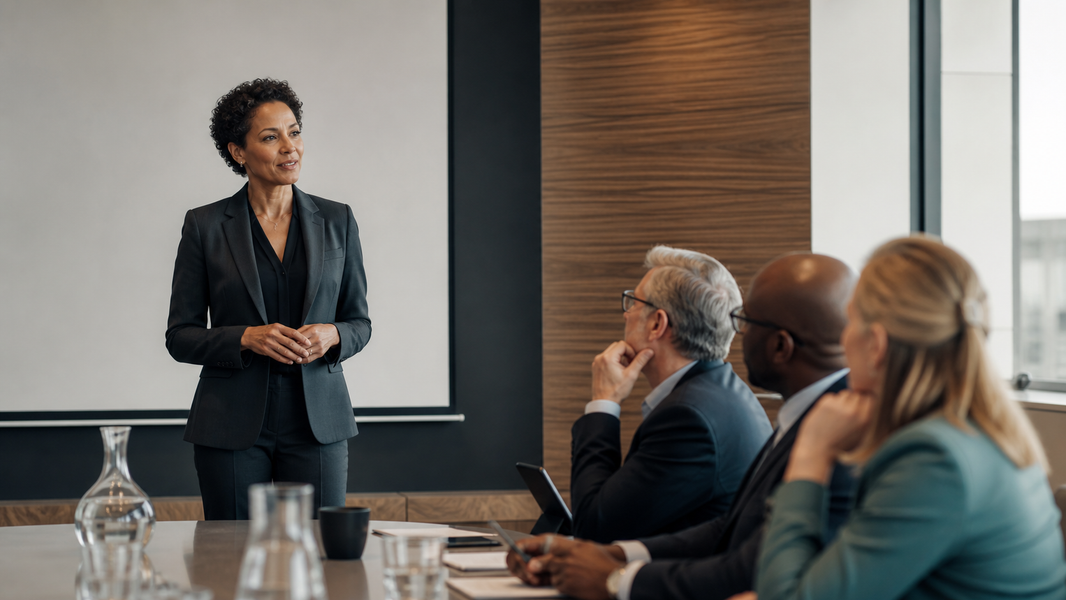 A professional presenting calmly to senior leaders in a boardroom