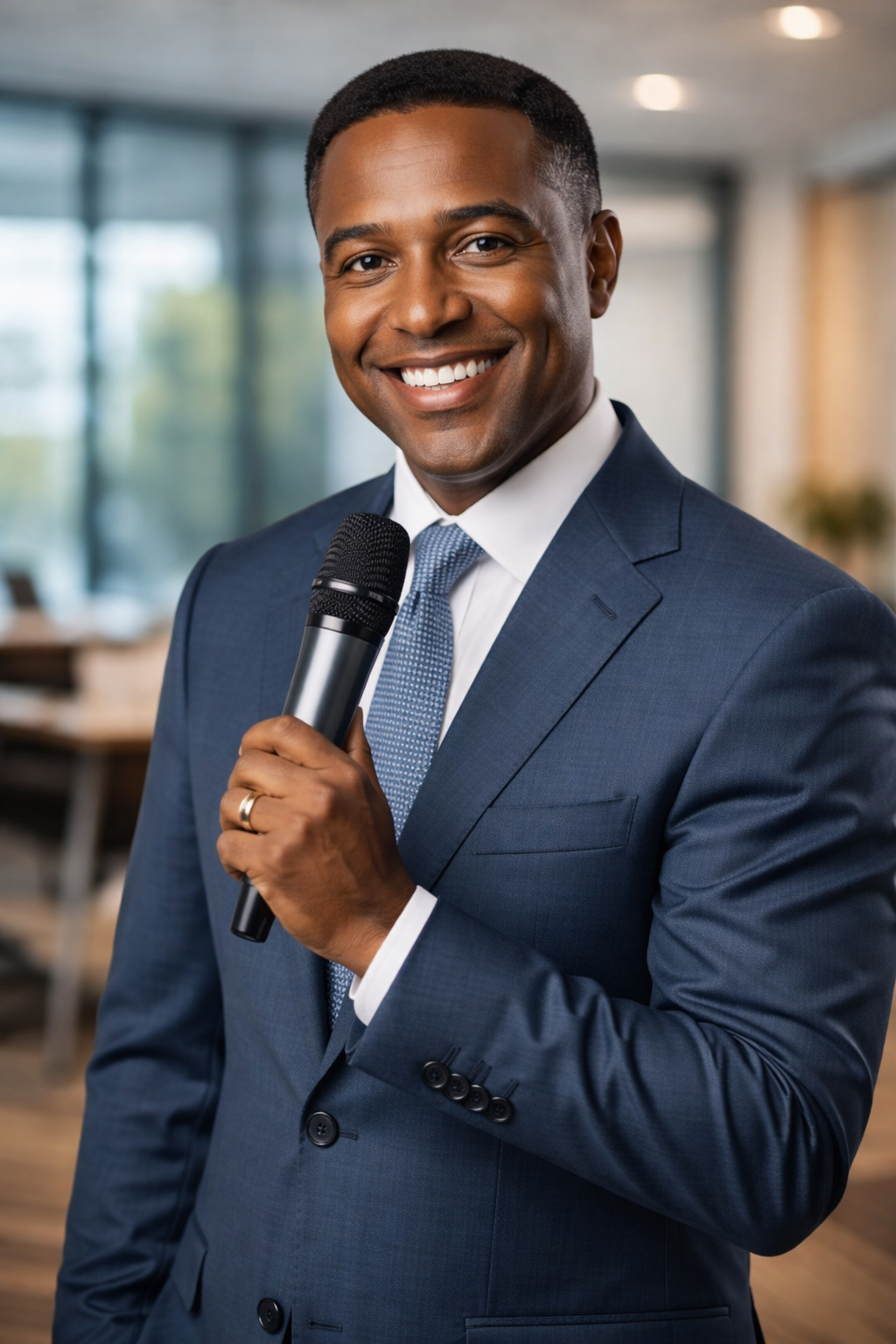 Man in a blue suit holding a microphone in an indoor setting