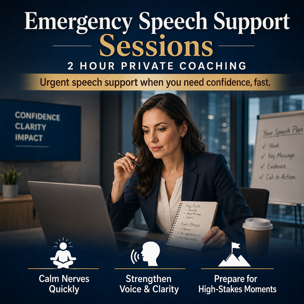 Advertisement for emergency speech support sessions with a woman at a desk.