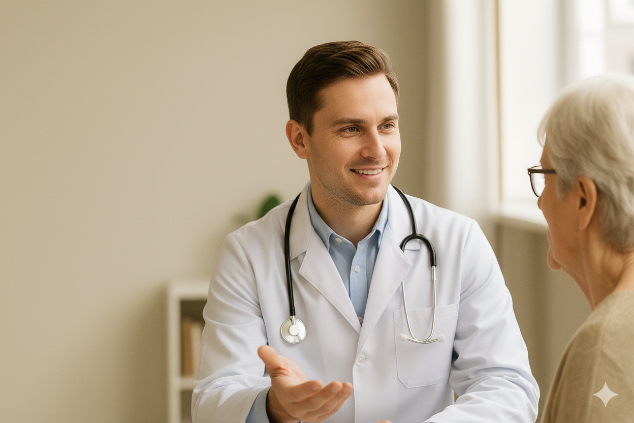 Doctor in a white coat with a stethoscope talking to an elderly patient.