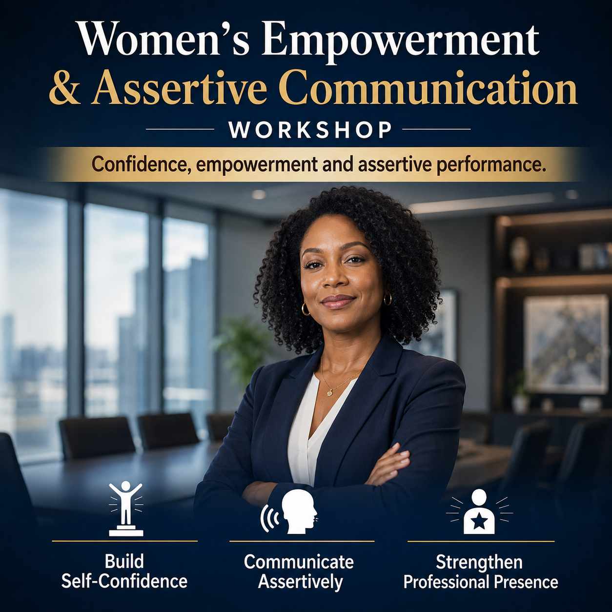 Promotional image for a Women's Empowerment & Assertive Communication Workshop with a woman in a professional setting.
