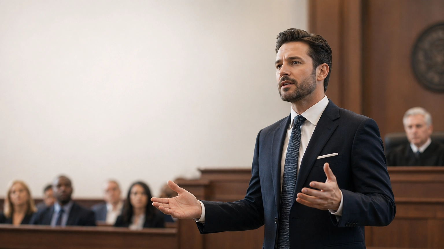 Lawyer speaking in a courtroom with a judge and jury in the background