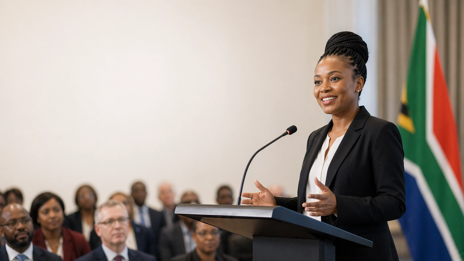 Woman speaking at a podium with a blurred audience and South African flag in the background